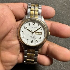 Waltham Classics Mens Quartz Day Date Watch 2 Tone Silver/gold White Dial Workin